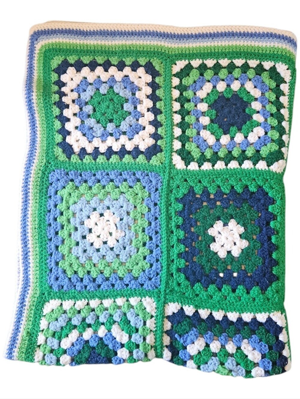 Green White Blue Crochet Granny Square Afghan Lap Baby Blanket Throw 43"x32"